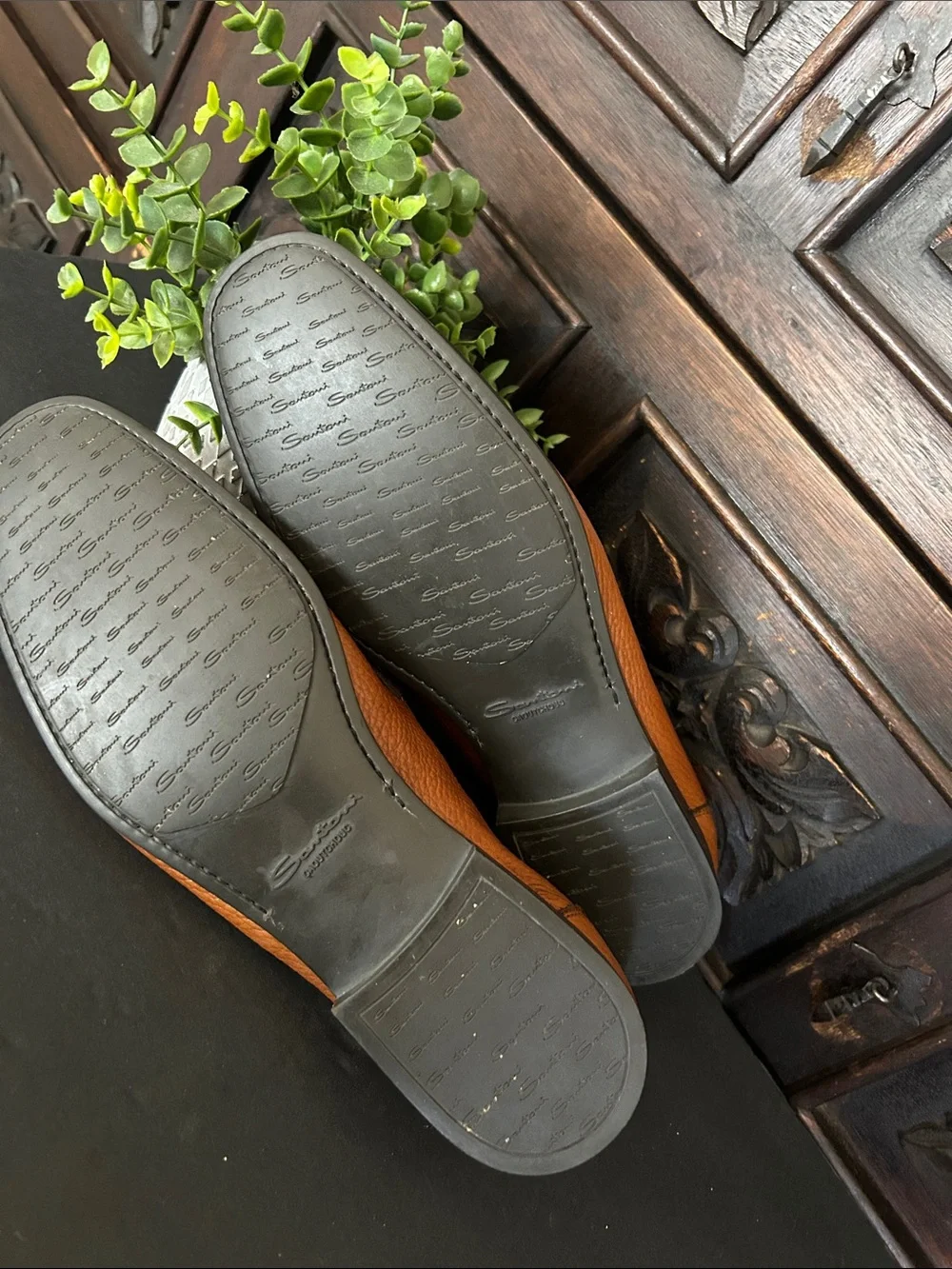 Santoni Men's Cognac Pebbled Leather Penny Loafers
